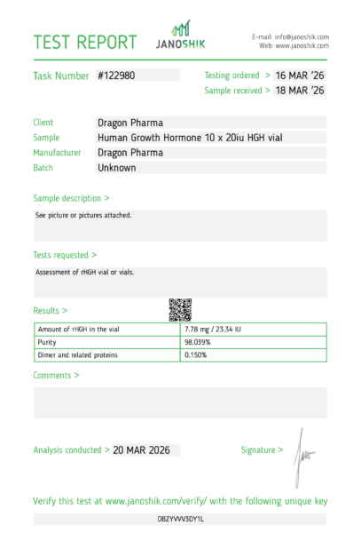 Dragontropin 20IU Certificate of analysis with purity percentage details