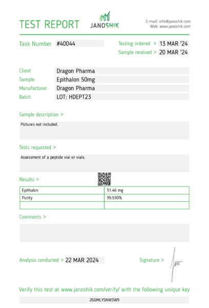 Epitalon 50mg lab test result: 51.46 mg/ml