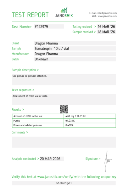 Dragon Pharma HGH 10iu Certificate of analysis with purity percentage details